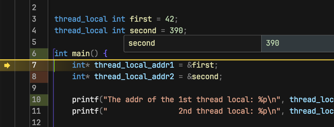 RADDBG shows the thread local value