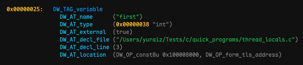 dwarfdump shows thread local location